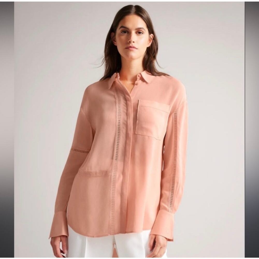 Ted Baker‎ Agniss Lace Trim Tunic Button Up Blouse Size 2 Sheer Fairy Peach Pink